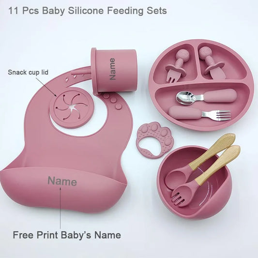 11Pcs Silicone Feeding Sets For Baby Personalized Name Children's Tableware Suction Cup Plates Bowl Spoon Feeding Cups BPA Free
