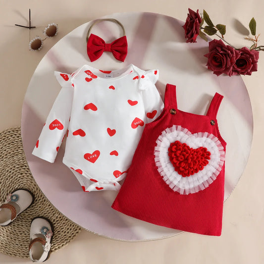 Toddler Girl Baby Clothing Long Sleeve Romper and Corduroy Heart Shaped Overall Dress Sets 0-2Y Outfit Clothes for Baby Girl